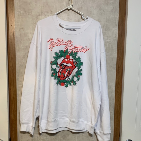 the Rolling Stones Tops - The Rolling Stones White Crewneck Sweater with Red and Green Design